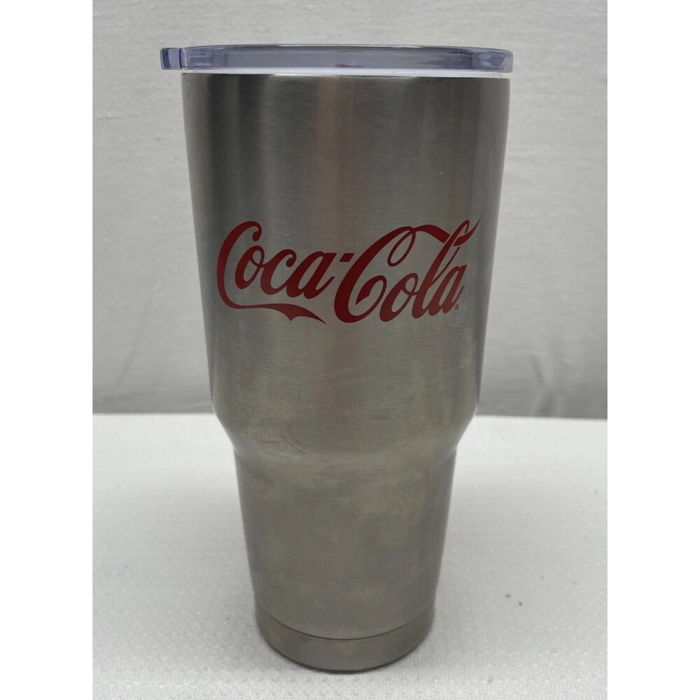 Stainless Steel COCA COLA Silver Tumbler 8"T Screw Top Cup Travel Car Refillable